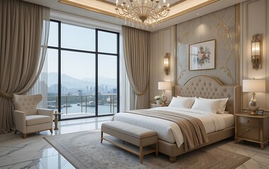 Luxurious Beige Bedroom Suite Overlooking City Skyline