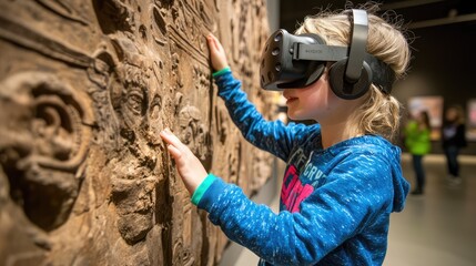 A child uses virtual reality technology to explore an intricately textured wall, engaging with art in an interactive museum setting.