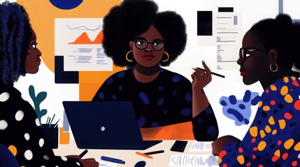 Businesswomen Brainstorming: A vibrant illustration of three Black women collaborating on a project, showcasing their expertise and creativity in a dynamic work environment.  
