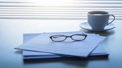 Stack of Legal Documents on a Clean Desk with Glasses and Coffee, Symbolizing Focus and Concentration in Legal Work