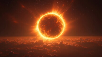 Obraz premium Breathtaking Total Solar Eclipse Over Clouds at Night with Fiery Sun and Starry Sky Illuminating the Universe