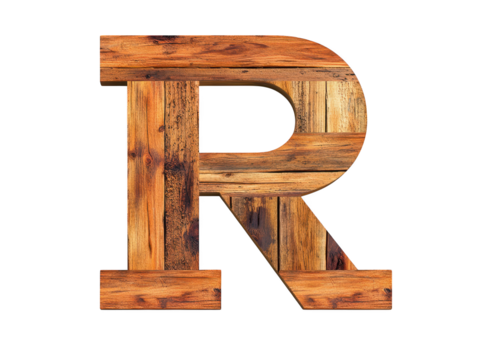Rustic wooden letter r on white background, a vintage alphabet block for crafts and typography