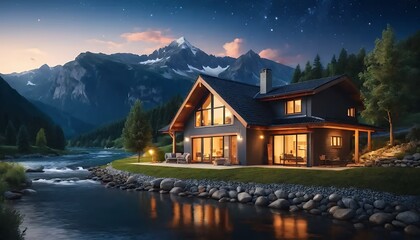 Fototapeta premium Luxury Mountain House at Night: Dream Home by the River with Stunning Mountain Views and Starry Sky - Peaceful Serenity in Nature's Embrace - Architectural Masterpiece, Cozy Retreat, Romantic Getawa