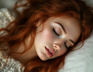 Naklejka premium Serene Redhead: A Peaceful Sleep Portrait in Soft Light