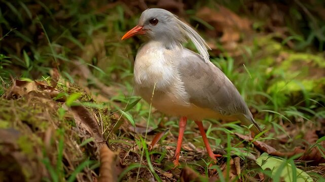 New Caledonia bird Kagu or Cagou, kavu or kagou - Rhynochetos jubatus crested long-legged bluish-grey bird endemic to mountain forests of New Caledonia, Rhynochetos in Rhynochetidae, almost flightless