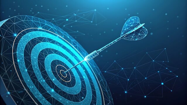 A depicting a target with arrows hitting the bullseye, surrounded by a network of glowing lines and dots on dark blue background, suggesting the concept of precision and decision making