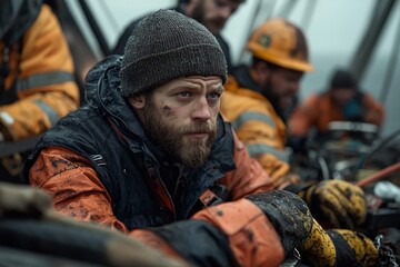 Fototapeta premium Weathered and rugged offshore oil rig crew members engaged in casual games and camaraderie finding moments of levity and relaxation amidst their demanding industrial work