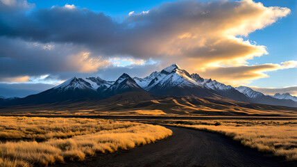 A breathtaking mountain landscape featuring snow-capped peaks, a winding road, and golden grass fields under a dramatic cloudy sky.  
