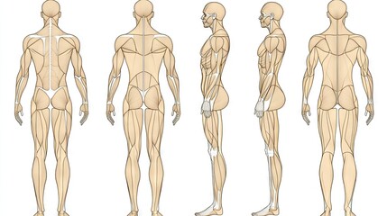 Detailed Human Anatomy Illustrations Showing Posterior, Anterior and Lateral Views of the Muscular System