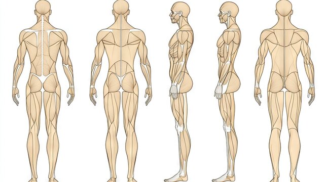Detailed Human Anatomy Illustrations Showing Posterior, Anterior and Lateral Views of the Muscular System