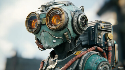 Fototapeta premium Detailed character with vintage tech elements in a cinematic style 