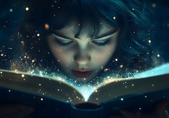 Young Girl Reading Magical Book With Sparkling Dust
