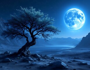 Solitary Tree Under Serene Blue Moon: A Dreamlike Nightscape