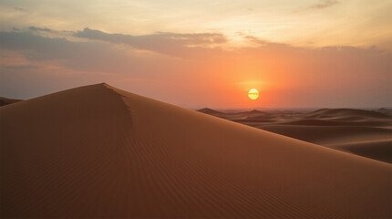 Surreal desert sunset landscape, volumetric lighting, soft velvet-like sand dunes, golden and reddish hues, detailed silky sand texture, tranquil and mysterious atmosphere