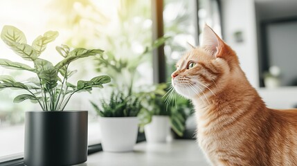 Cat safety: PM 2.5 dust prevention is essential. An orange cat gazes out a window, surrounded by lush green plants, basking in warm sunlight in a cozy indoor setting.