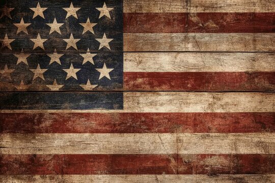 Vintage american flag on rustic wooden background for patriotic holiday design