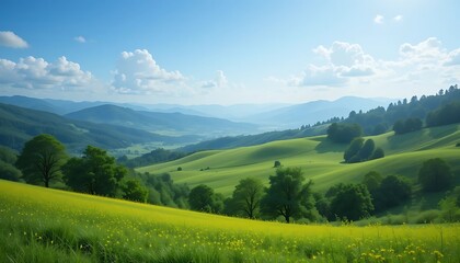 Obraz premium Rolling Green Hills Under a Blue Sky with Yellow Flowers