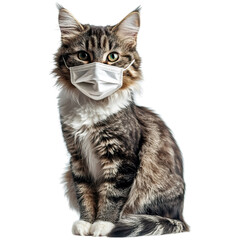 Obraz premium A cat wearing a face mask, sitting upright with an alert demeanor, showcasing its distinctive fur and playful expression.