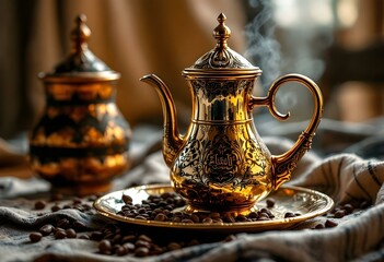 Arabic Coffee pot traditional. Saudi Coffee Dallah, A still life of traditional Saudi coffee pot or Dallah, Arab Man serving traditional arabic coffee from a traditional pot.
