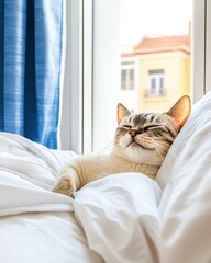 Cat safety: PM 2.5 dust prevention is essential. A cozy cat relaxes on a soft blanket by a window, enjoying a peaceful, sunny day.