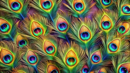 Multicolored peacock feathers arranged in a seamless loop
