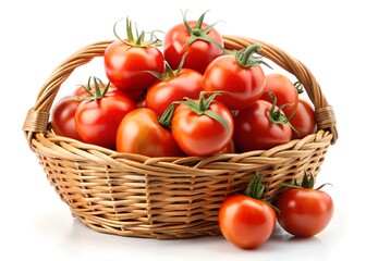 Tomatoes in a wicker basket isolated on a white background.