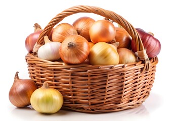 Onions in a wicker basket isolated on a white background.