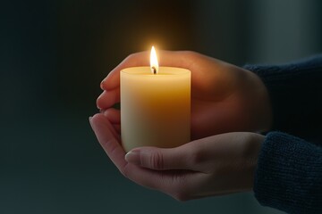 Mindfulness and education promote mental health awareness. A person holds a lit candle, symbolizing warmth, hope, and serenity in a softly illuminated space.
