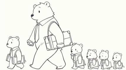 bear in suit walks confidently with young bears in ties, showcasing teamwork