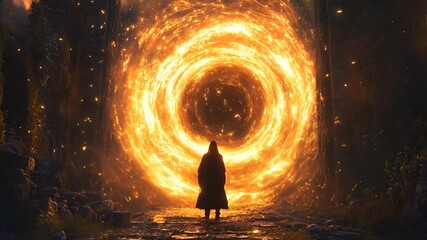A lone figure stands before a swirling, glowing portal of fiery energy, surrounded by a dark and atmospheric environment. The dramatic scene evokes themes of mystery, power, and the unknown, blending 