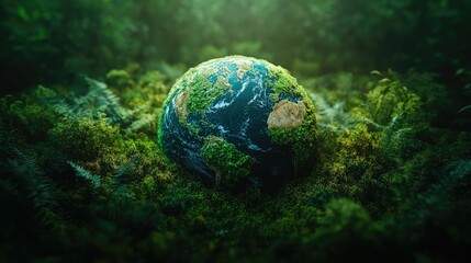 Digital Earth nestled in lush green moss, representing environmental conservation and sustainability