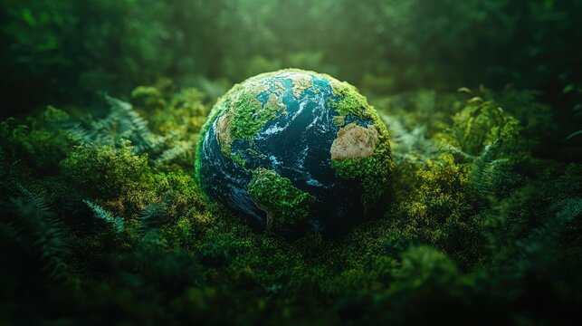 Digital Earth nestled in lush green moss, representing environmental conservation and sustainability