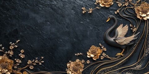 Elegant Black Swan Decorated with Gold Flowers