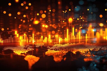 Vibrant Dynamic Stock Market Graph Visualization with Global Map and Bright Data Points Illustrating Economics and Trends in Digital Finance