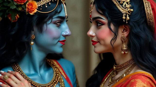 A close-up of Krishna and Radha in traditional attire. Krishna has a blue face with vibrant patterns, while Radha is adorned with jewelry and a covered head. The atmosphere reflects love and spiritual