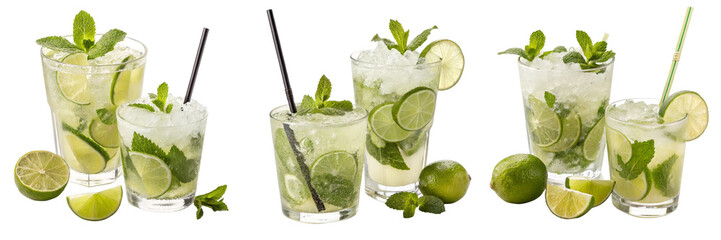 Fototapeta premium Refreshing Mojito Cocktail Composition Five Glasses, Lime, Mint, Isolated on White Background, , Mojito, Cocktail, Drink