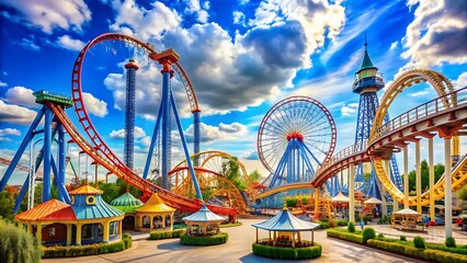 A colorful amusement park with multiple roller coasters and rides against a cloudy sky