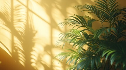 Sunlight casts shadows on wall behind vibrant green indoor palm plant.
