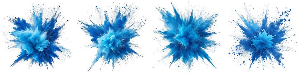 Quadruple Blue Powder Explosion Isolated on White Background, Color Burst, Paint Splash, blue powder, color explosion, abstract art