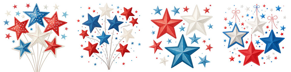 Obraz premium Patriotic Starburst Fireworks Composition Red, White, and Blue Stars Isolated on White Background, Patriotic Decor, 4th of July, Stars, Americana, Fireworks