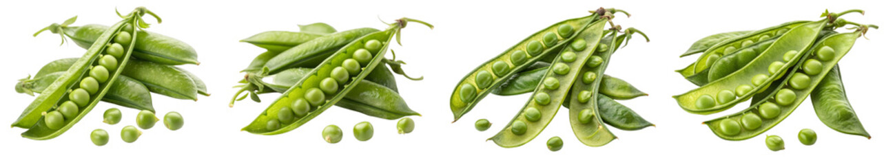 Fresh Green Peas Collage Multiple Pods and Seeds Isolated on White Background, Vegetable, Food Photography, peas, legume, agriculture
