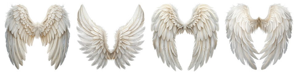 Fototapeta premium Four White Angel Wings, Detailed Feather Texture, Isolated on White Background, Divine Concept, Spiritual Symbolism, Angel wings, feathers, white