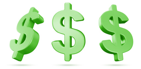 Green 3d dollar signs set isolated on white. Vector realistic illustration of rotating and floating American money symbols with shadow, usd currency, business finance, online casino app design element