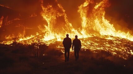 Fototapeta premium two man looking at wildfire burning in town with wide area covered with flame, smoke, ash and soot, black cloud cover sky 