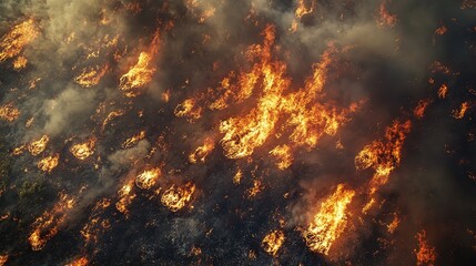 aerial view of wildfire burning in wide area with flame fire and smoke 