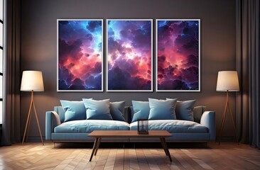 Triptych cloud art decorates modern living room.