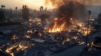 wildfire burning in town with wide area covered with flame, smoke, ash and soot, black  cloud cover sky 