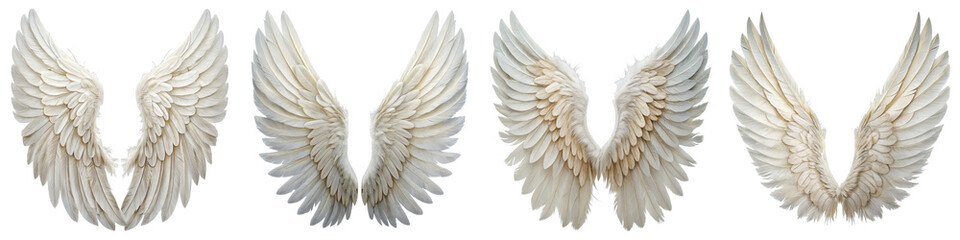 Fototapeta premium Five White Angel Wings Set, Isolated on White Background, Feather, Bird, Spiritual, Angel wings, Feathers, White