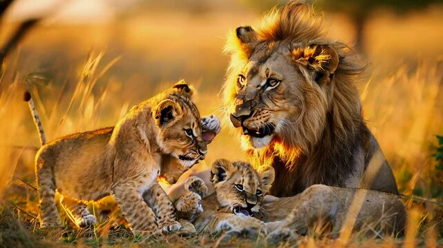 Lion Cubs Playing with Their Mother in the Savannah
