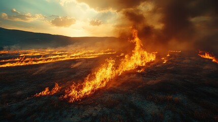 wildfire burning on farmland with fire and smoke 